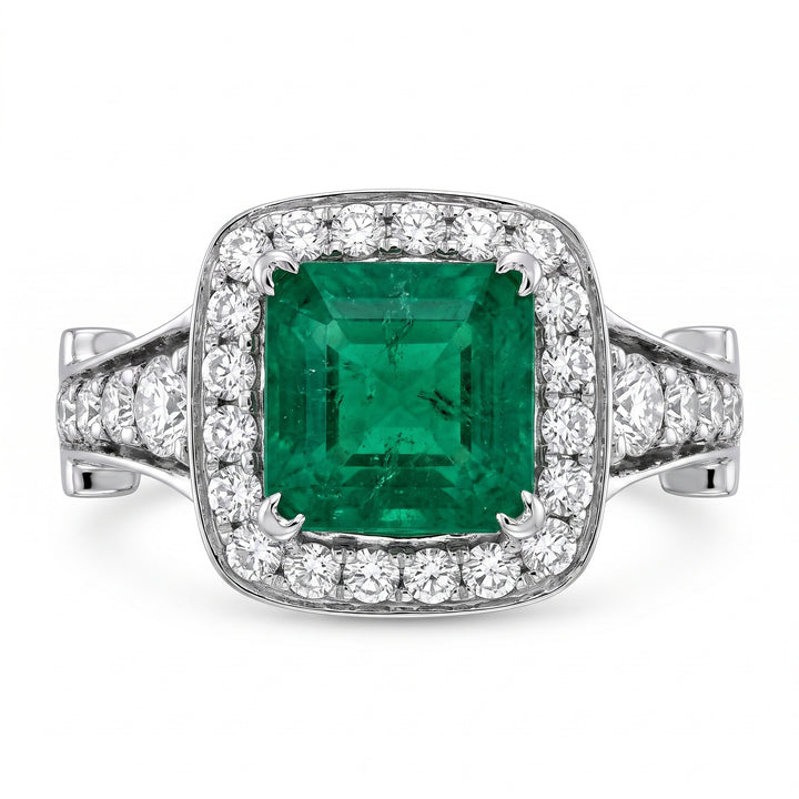 Vintage Colombian emerald ring with diamond halo in 14k white gold, 1.06ct emerald, 1.02ct diamonds.