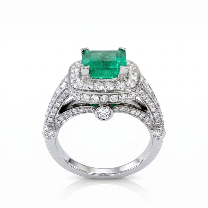 Vintage Colombian emerald ring with diamond halo in 14k white gold, 1.06ct emerald, 1.02ct diamonds.