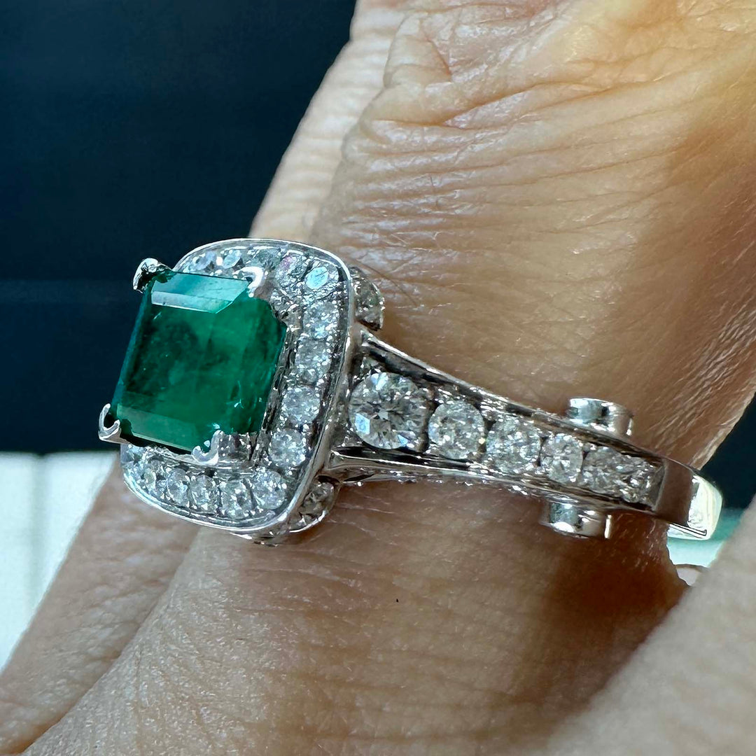 Vintage Colombian emerald ring with diamond halo in 14k white gold, 1.06ct emerald, 1.02ct diamonds.