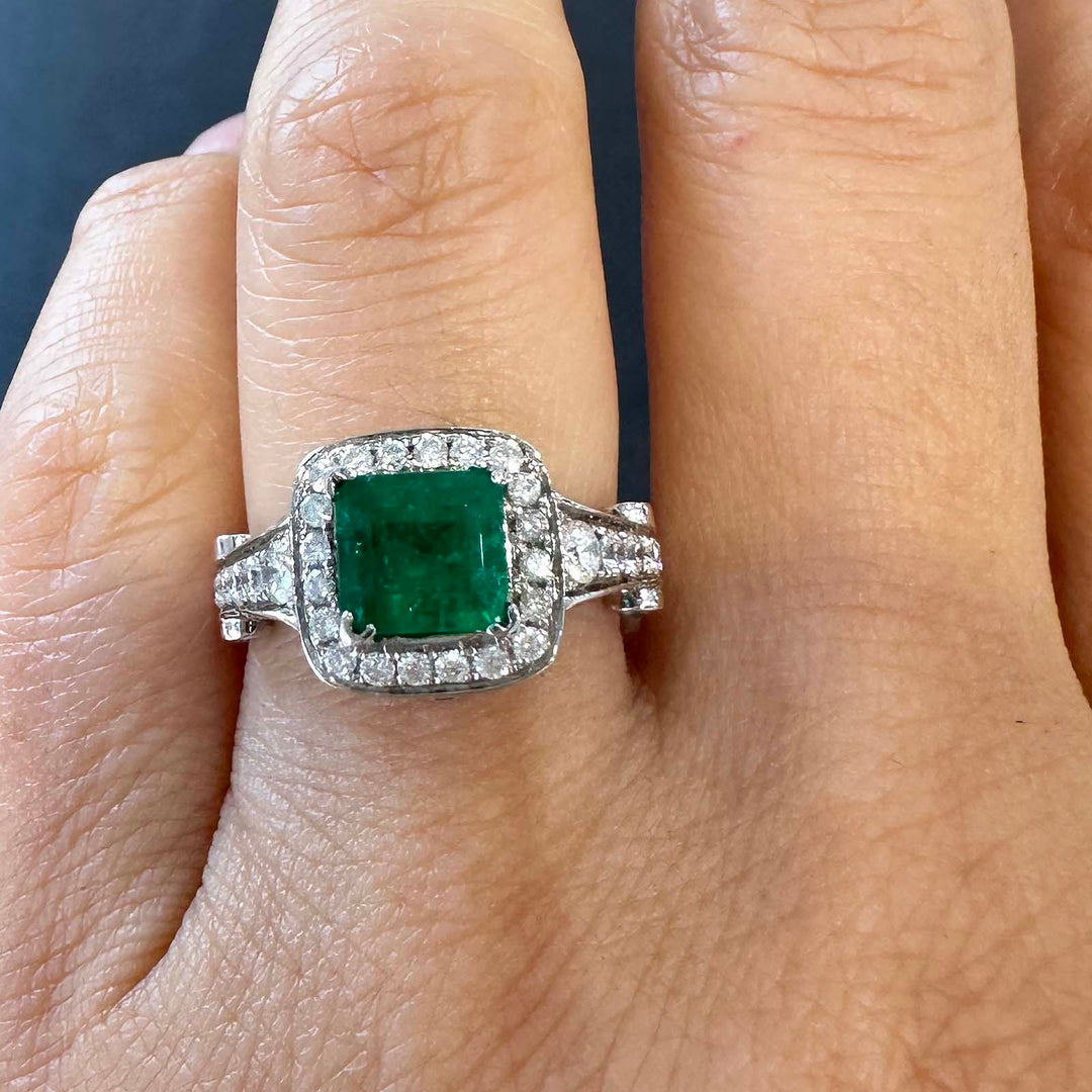 Vintage Colombian emerald ring with diamond halo in 14k white gold, 1.06ct emerald, 1.02ct diamonds.