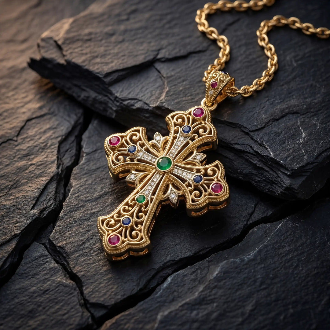 Ornate Coptic cross pendant necklace with decorative cross design displayed on black stone.