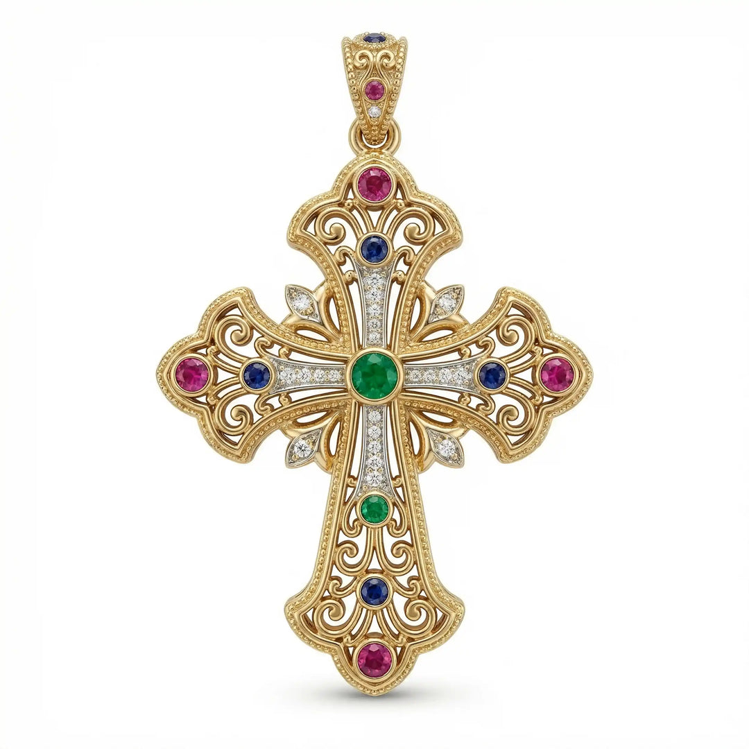 Ornate Coptic cross pendant necklace with decorative cross design displayed on white background.