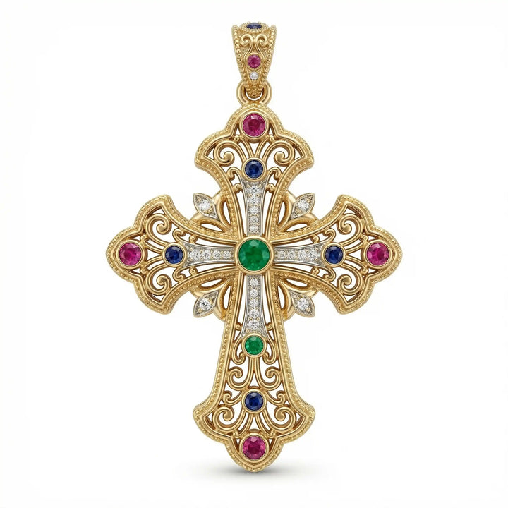 Ornate Coptic cross pendant necklace with decorative cross design displayed on white background.