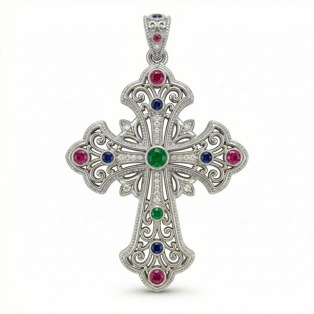 Ornate Coptic cross pendant necklace with decorative cross design displayed on white background.