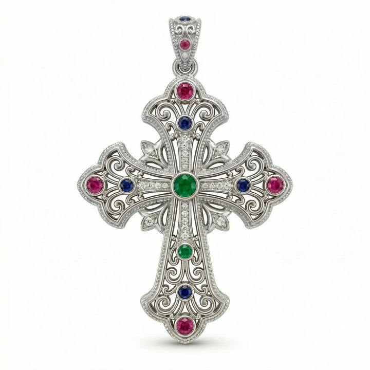 Ornate Coptic cross pendant necklace with decorative cross design displayed on white background.