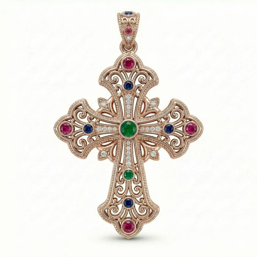 Ornate Coptic cross pendant necklace with decorative cross design displayed on white background.
