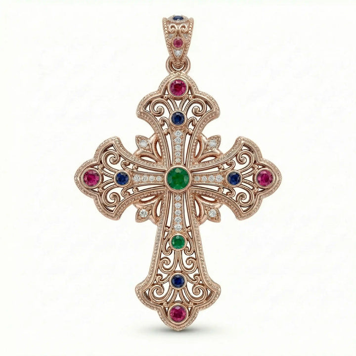 Ornate Coptic cross pendant necklace with decorative cross design displayed on white background.