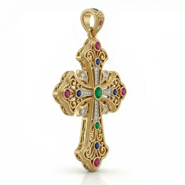 Ornate Coptic cross pendant necklace with decorative cross design displayed on white background.