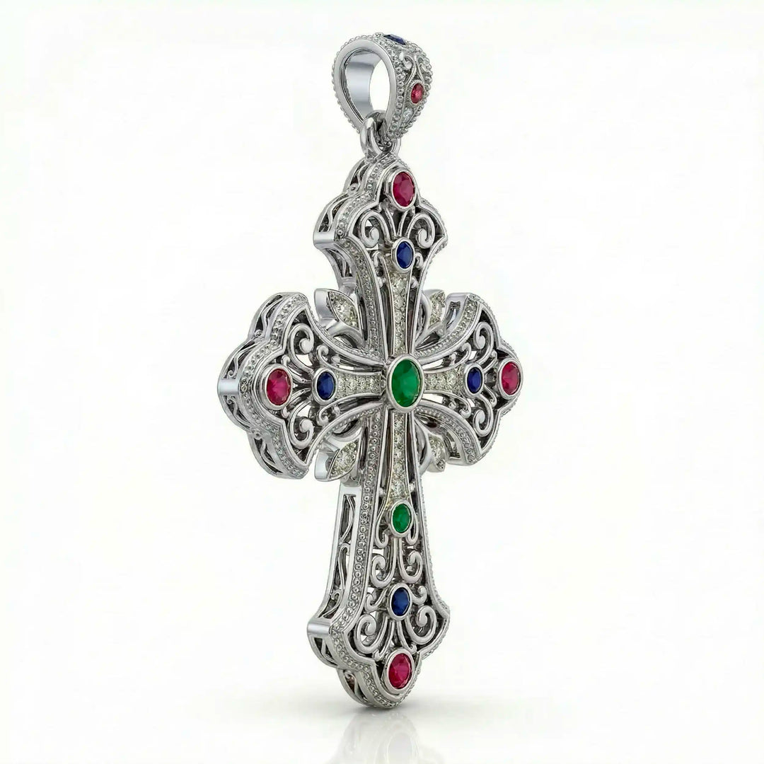Ornate Coptic cross pendant necklace with decorative cross design displayed on white background.