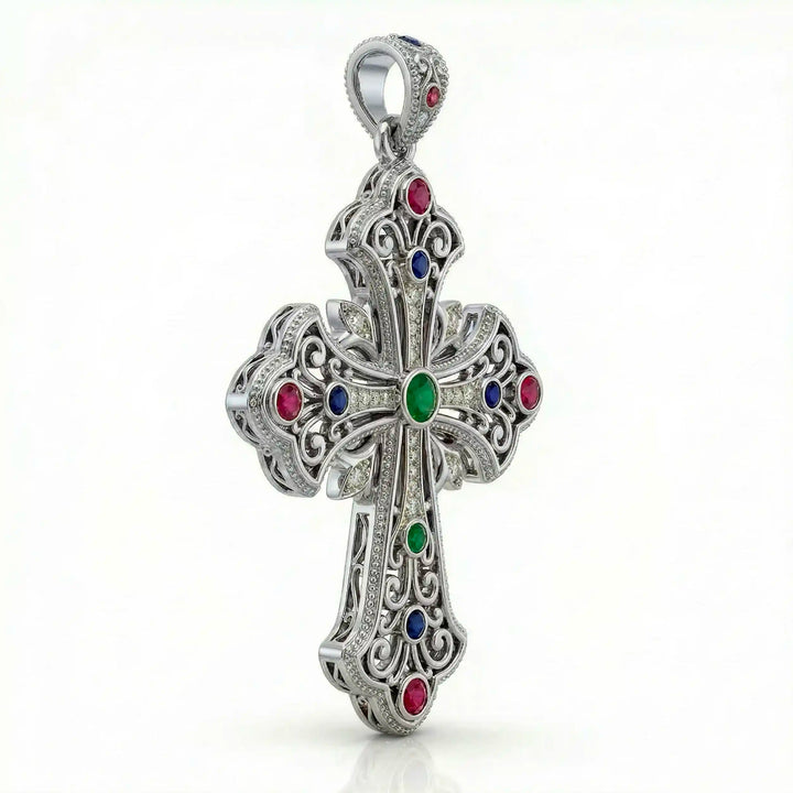 Ornate Coptic cross pendant necklace with decorative cross design displayed on white background.