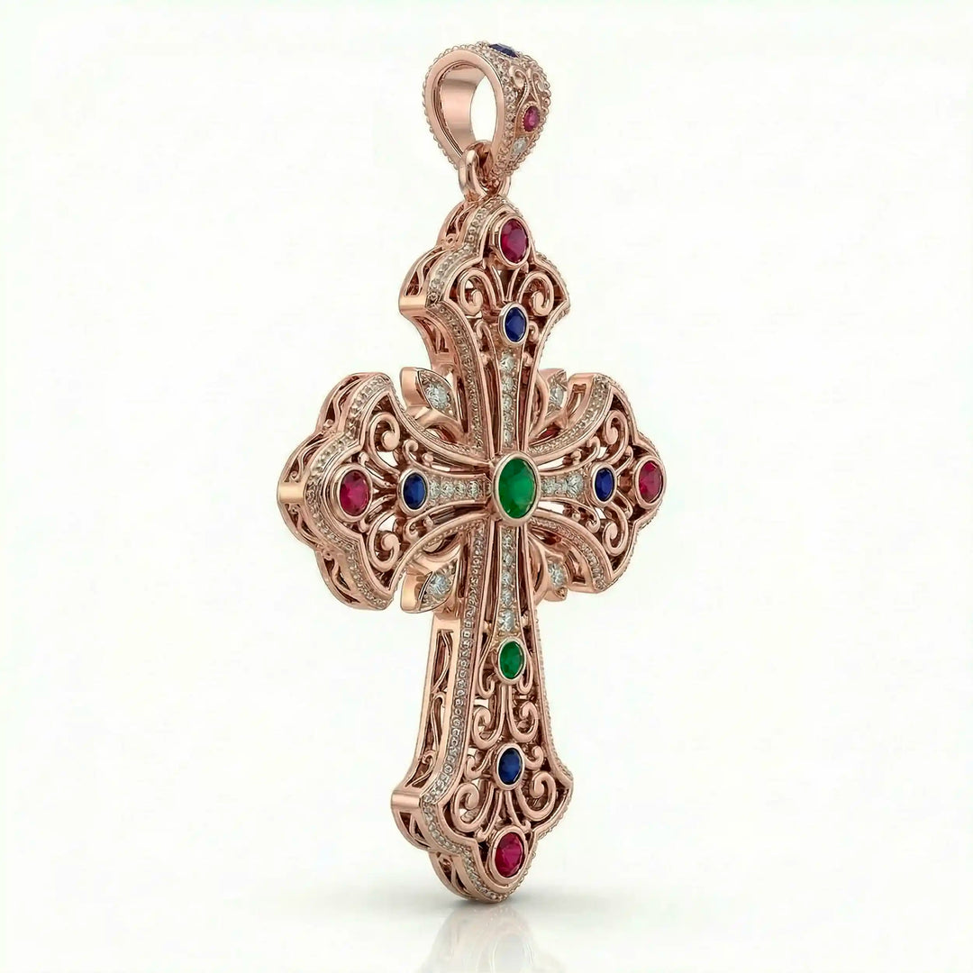 Ornate Coptic cross pendant necklace with decorative cross design displayed on white background.