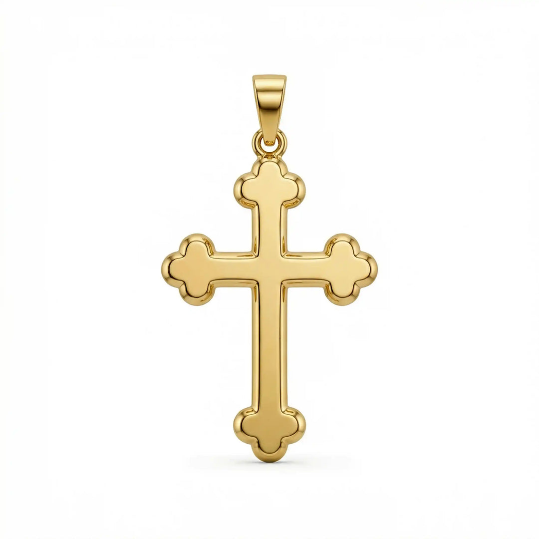 Cross fleury pendant necklace with fleur-shaped cross ends displayed on white background.
