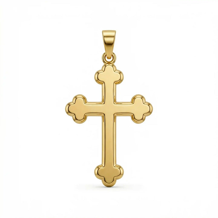 Cross fleury pendant necklace with fleur-shaped cross ends displayed on white background.