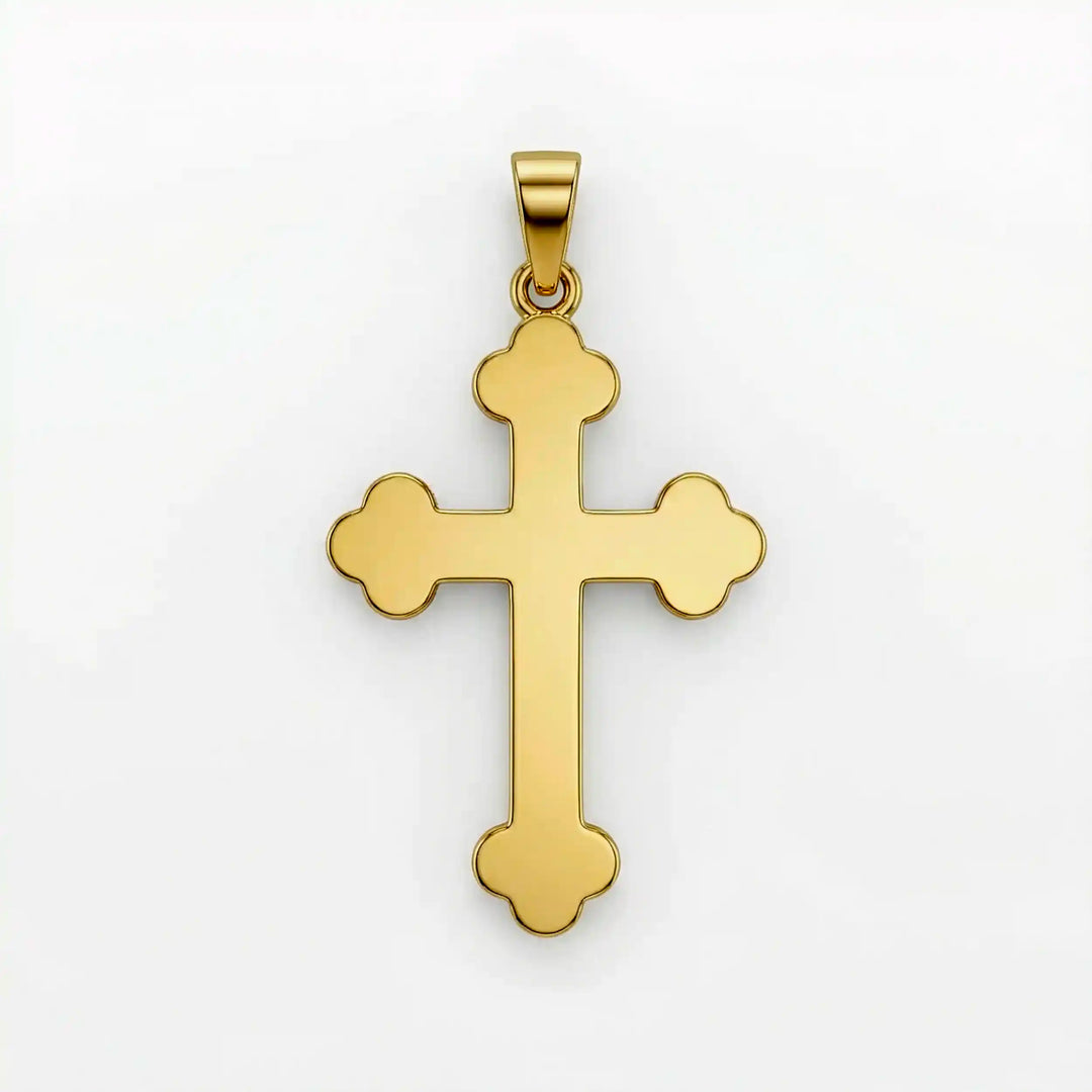 Cross fleury pendant necklace with fleur-shaped cross ends displayed on white background.