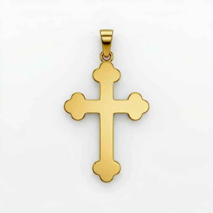 Cross fleury pendant necklace with fleur-shaped cross ends displayed on white background.