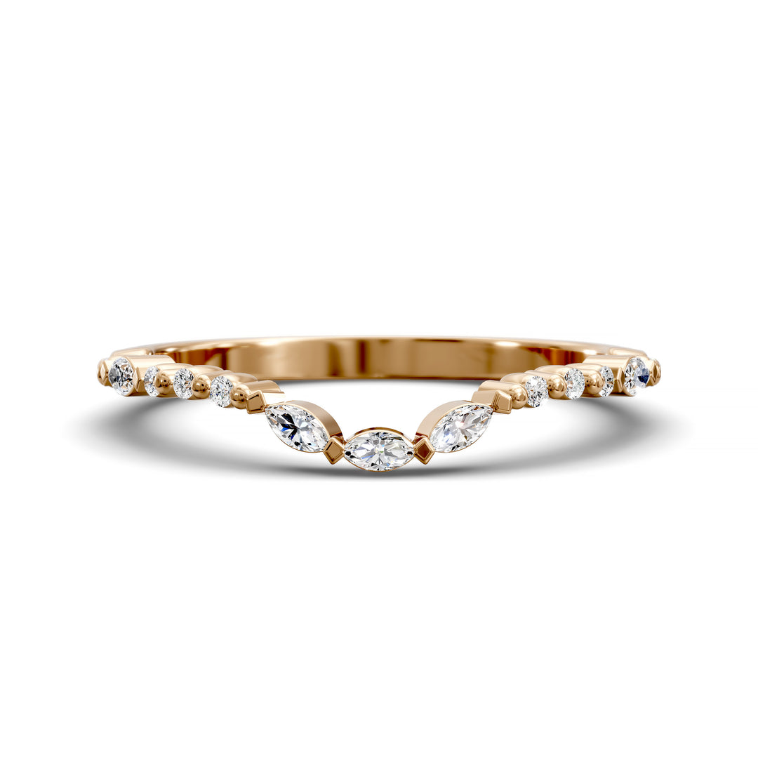 Curved wedding band with alternating marquise and round stones in gold