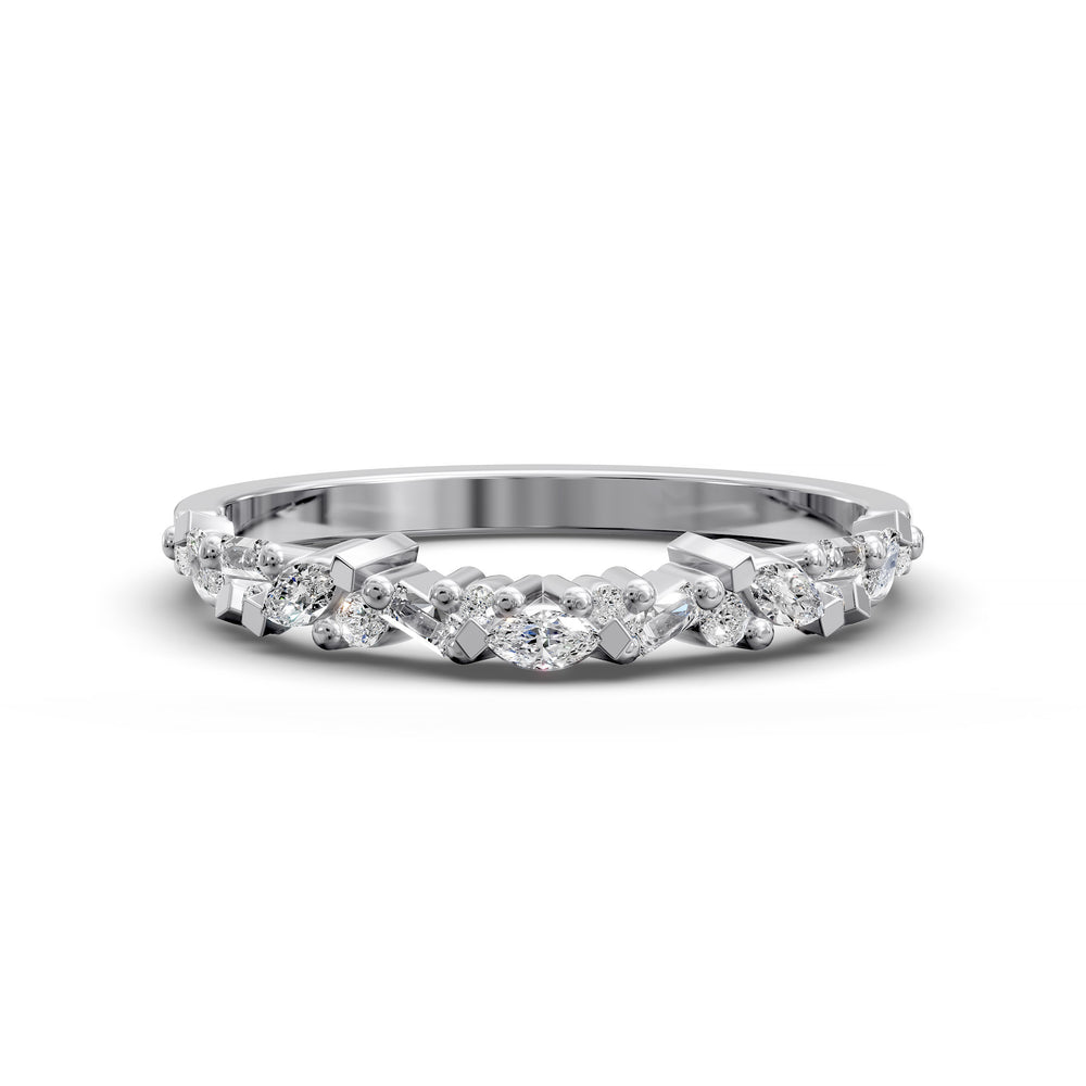 curved wedding band with marquise round and baguette diamonds mixed cut contour