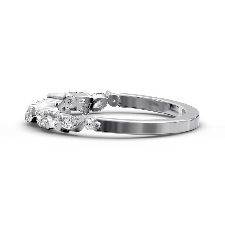 curved wedding band with marquise round and baguette diamonds mixed cut contour