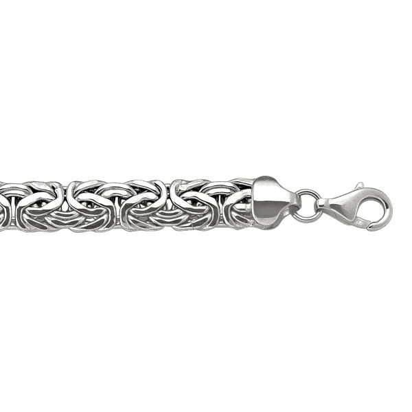 10K white gold hollow flat Byzantine link bracelet with intricate interwoven links and lobster clasp, 7.2 mm wide.