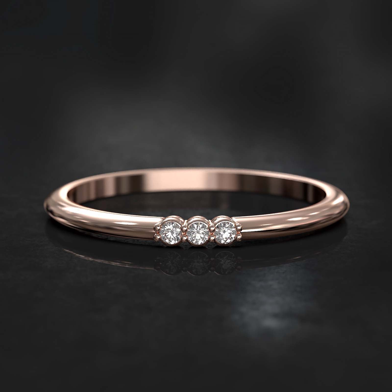 Dainty lab-grown diamond band with three diamonds on top, crafted in gold or platinum.