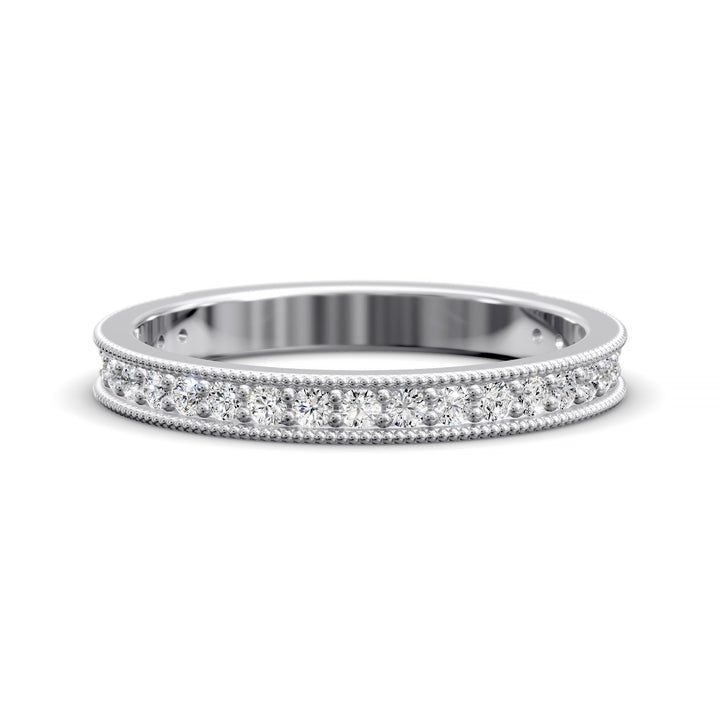Channel set diamond wedding band with three-quarter eternity and beaded edge