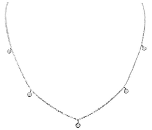 14K white gold necklace with evenly spaced diamonds along an 18-inch chain in a sprinkle design.