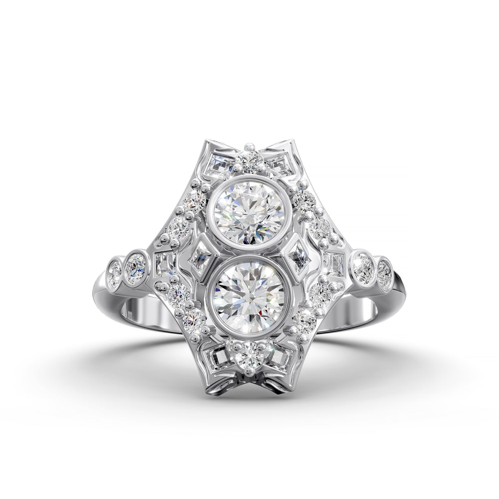Vintage-inspired dual round bezel diamond ring with milgrain and scroll filigree details shown in studio lighting.