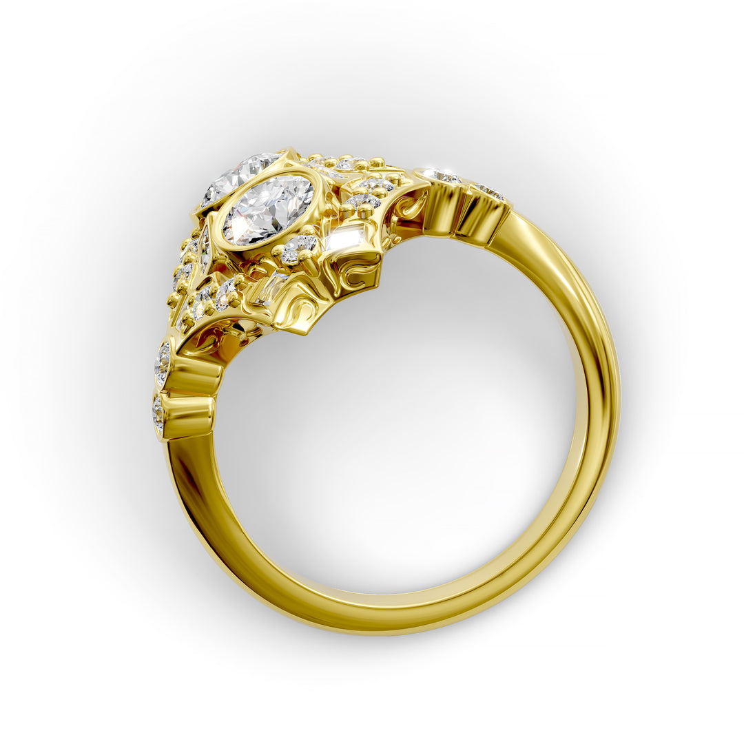 Vintage-inspired dual round bezel diamond ring with milgrain and scroll filigree details shown in studio lighting.