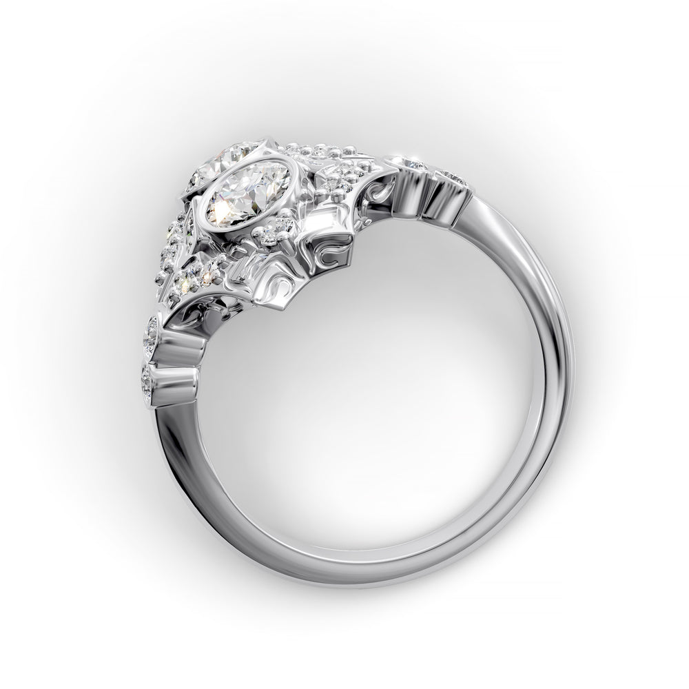 Vintage-inspired dual round bezel diamond ring with milgrain and scroll filigree details shown in studio lighting.