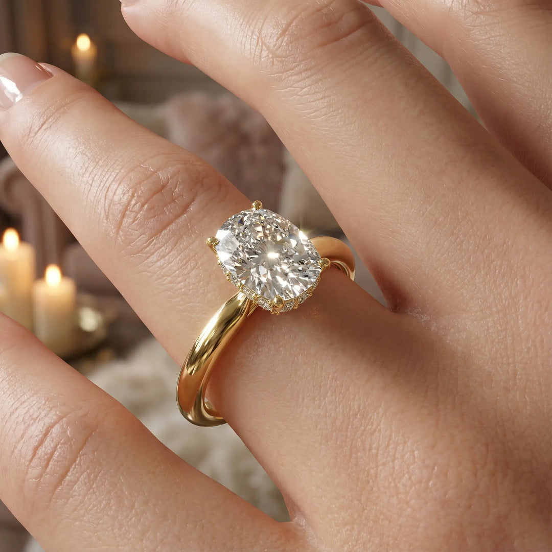 Elongated cushion diamond hidden halo cathedral engagement ring with half-round band shown in studio lighting.
