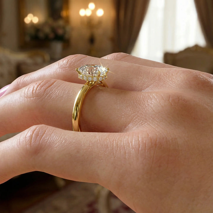 Elongated cushion diamond hidden halo cathedral engagement ring with half-round band shown in studio lighting.