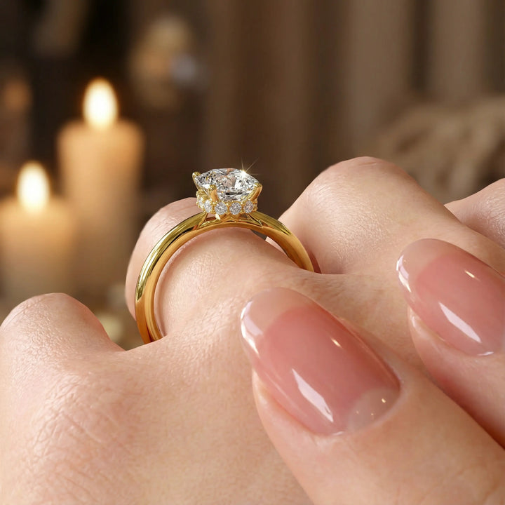 Elongated cushion diamond hidden halo cathedral engagement ring with half-round band shown in studio lighting.