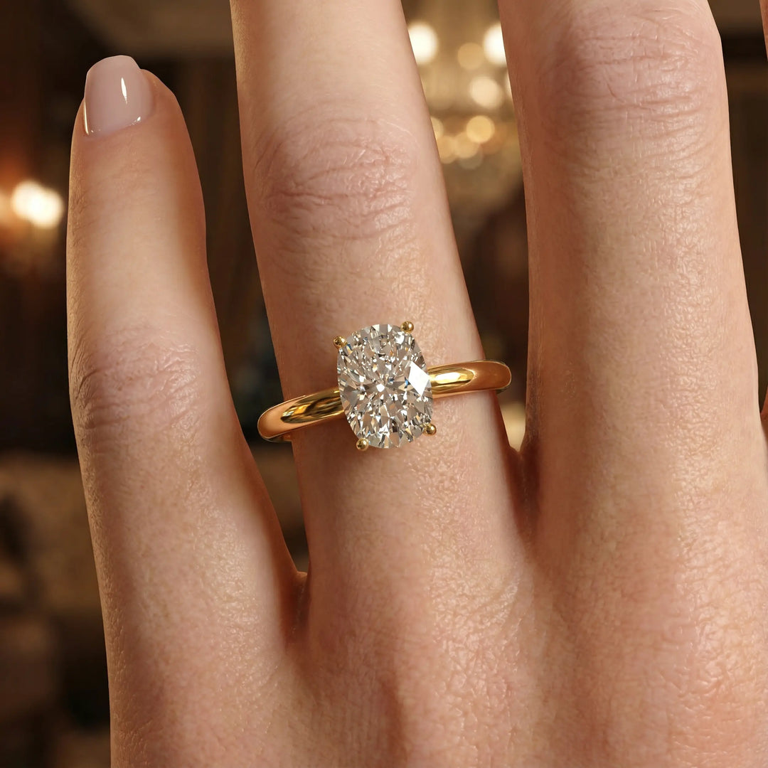 Elongated cushion diamond hidden halo cathedral engagement ring with half-round band shown in studio lighting.