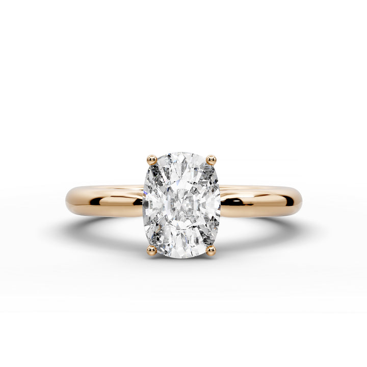 Elongated cushion diamond hidden halo cathedral engagement ring with half-round band shown in studio lighting.
