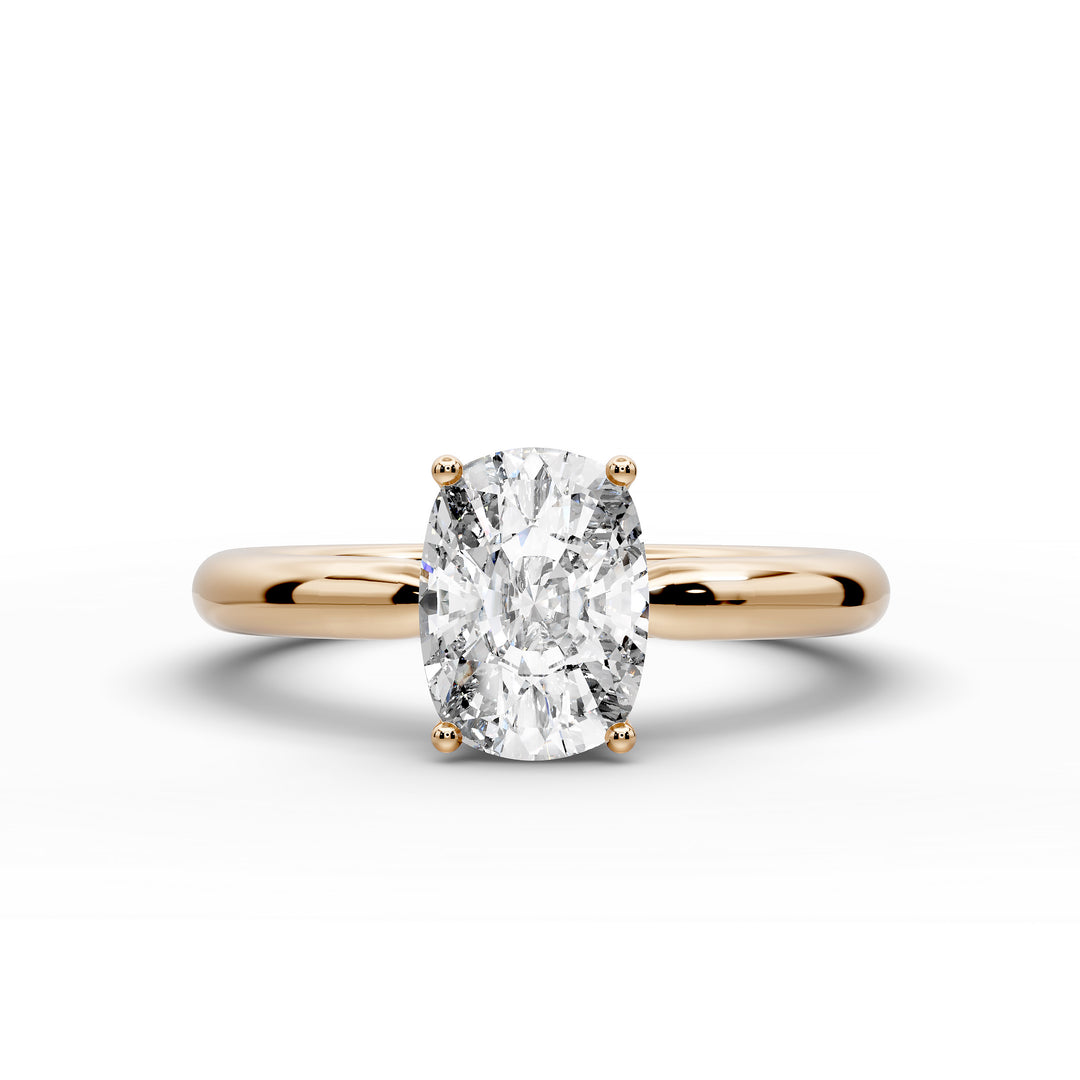 Elongated cushion diamond hidden halo cathedral engagement ring with half-round band shown in studio lighting.