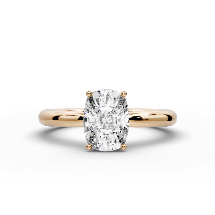 Elongated cushion diamond hidden halo cathedral engagement ring with half-round band shown in studio lighting.