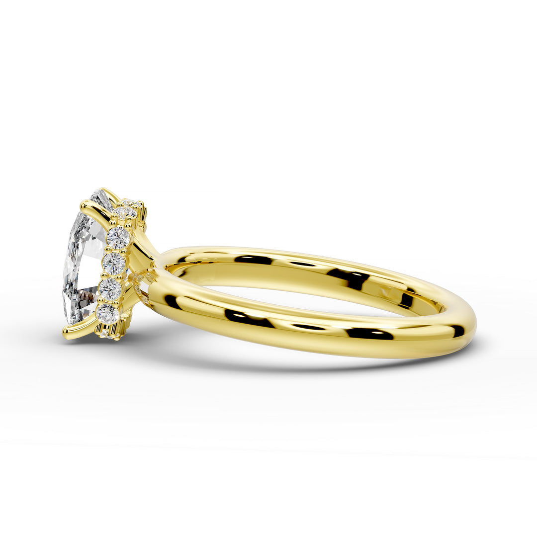 Elongated cushion diamond hidden halo cathedral engagement ring with half-round band shown in studio lighting.
