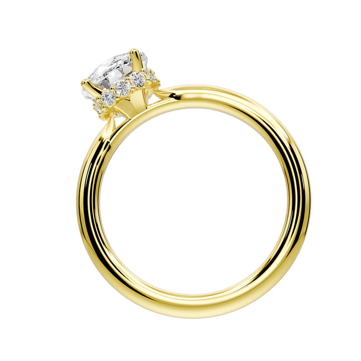 Elongated cushion diamond hidden halo cathedral engagement ring with half-round band shown in studio lighting.