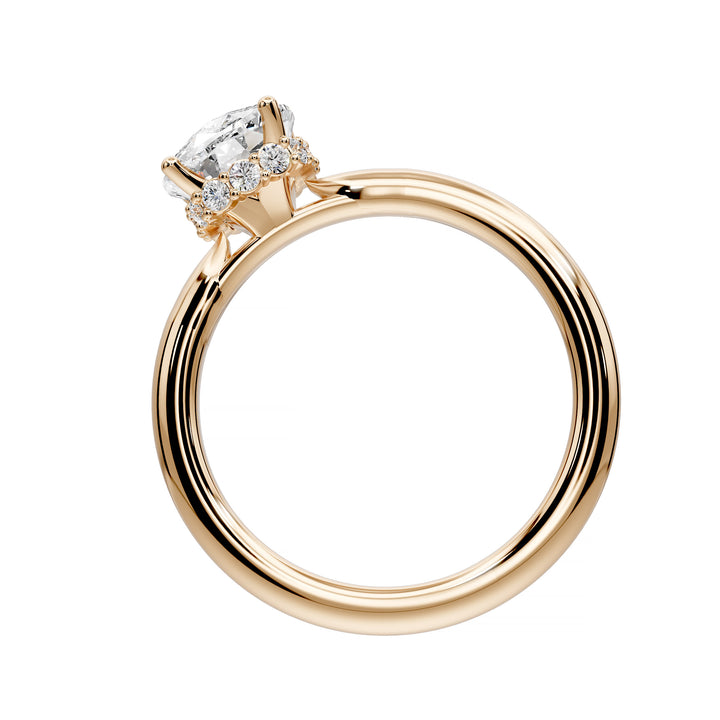 Elongated cushion diamond hidden halo cathedral engagement ring with half-round band shown in studio lighting.