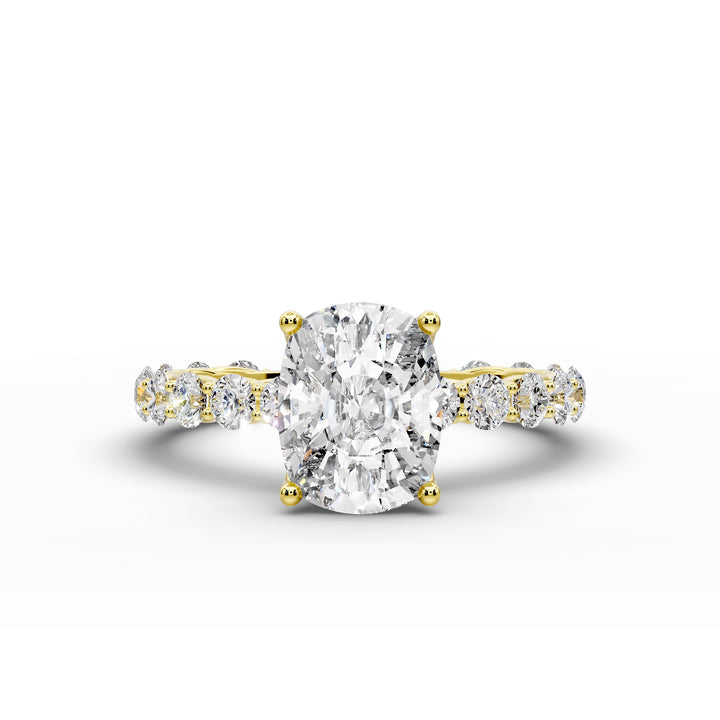 Elongated cushion diamond engagement ring with shared prong band shown in a studio display.