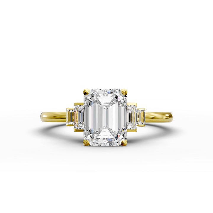 emerald-cut five-stone engagement ring with tapered baguette side diamonds shown from multiple angles