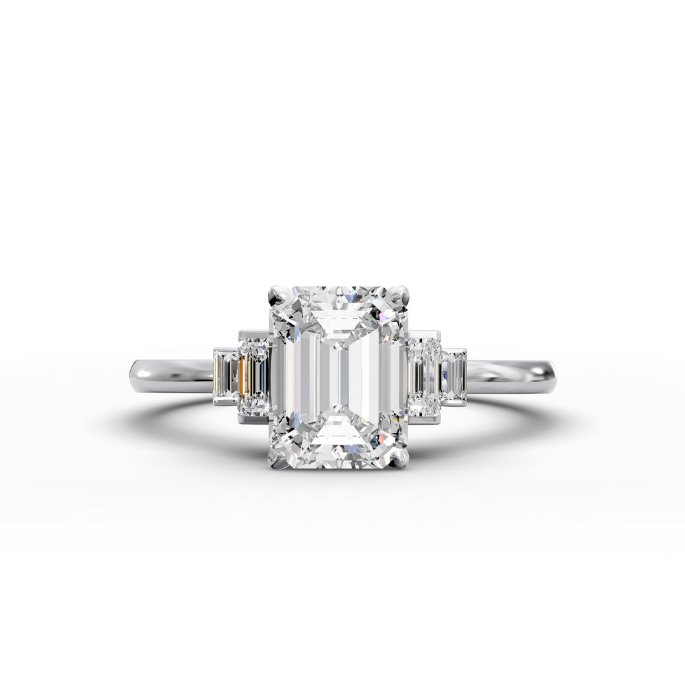 emerald-cut five-stone engagement ring with tapered baguette side diamonds shown from multiple angles