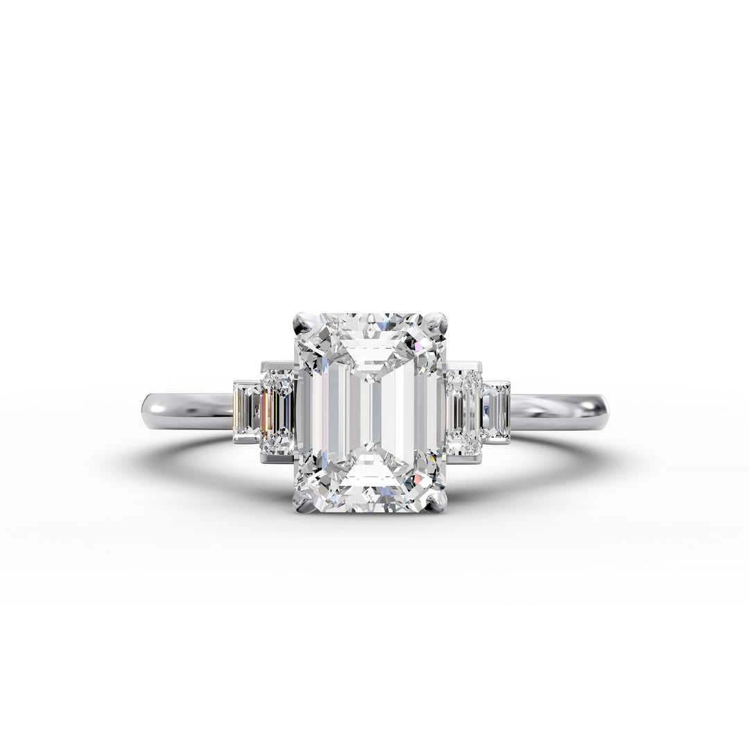 emerald-cut five-stone engagement ring with tapered baguette side diamonds shown from multiple angles