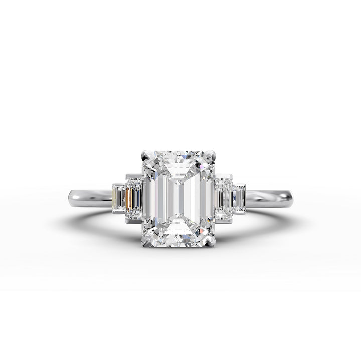 emerald-cut five-stone engagement ring with tapered baguette side diamonds shown from multiple angles