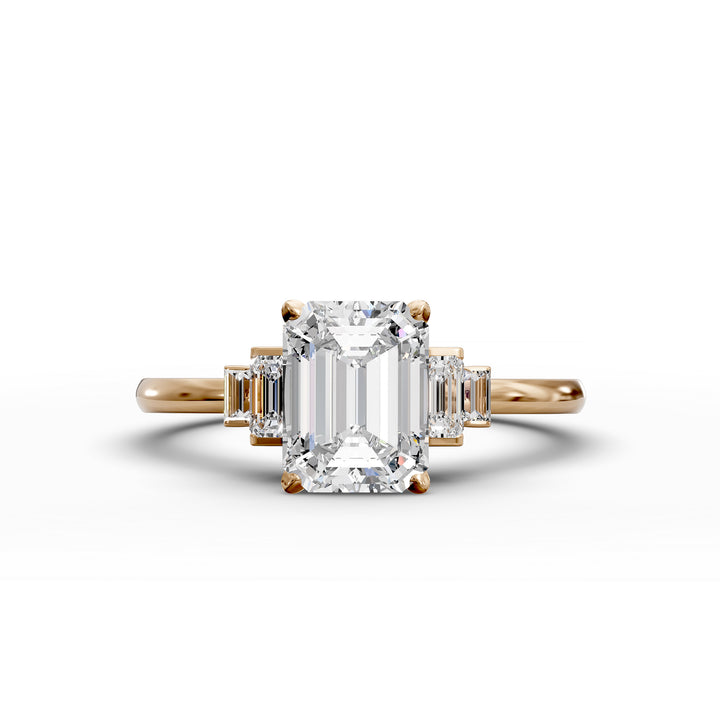 emerald-cut five-stone engagement ring with tapered baguette side diamonds shown from multiple angles