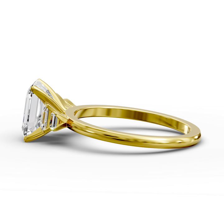 emerald-cut five-stone engagement ring with tapered baguette side diamonds shown from multiple angles