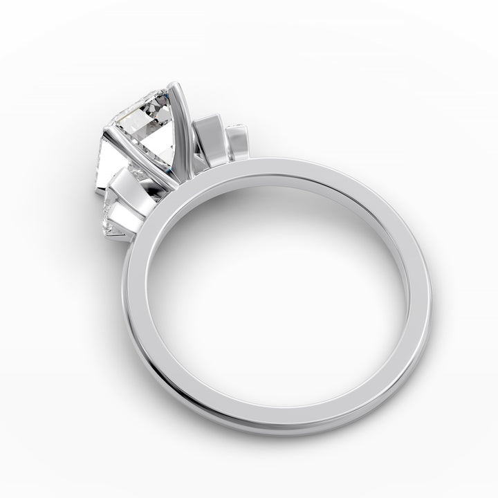 emerald-cut five-stone engagement ring with tapered baguette side diamonds shown from multiple angles