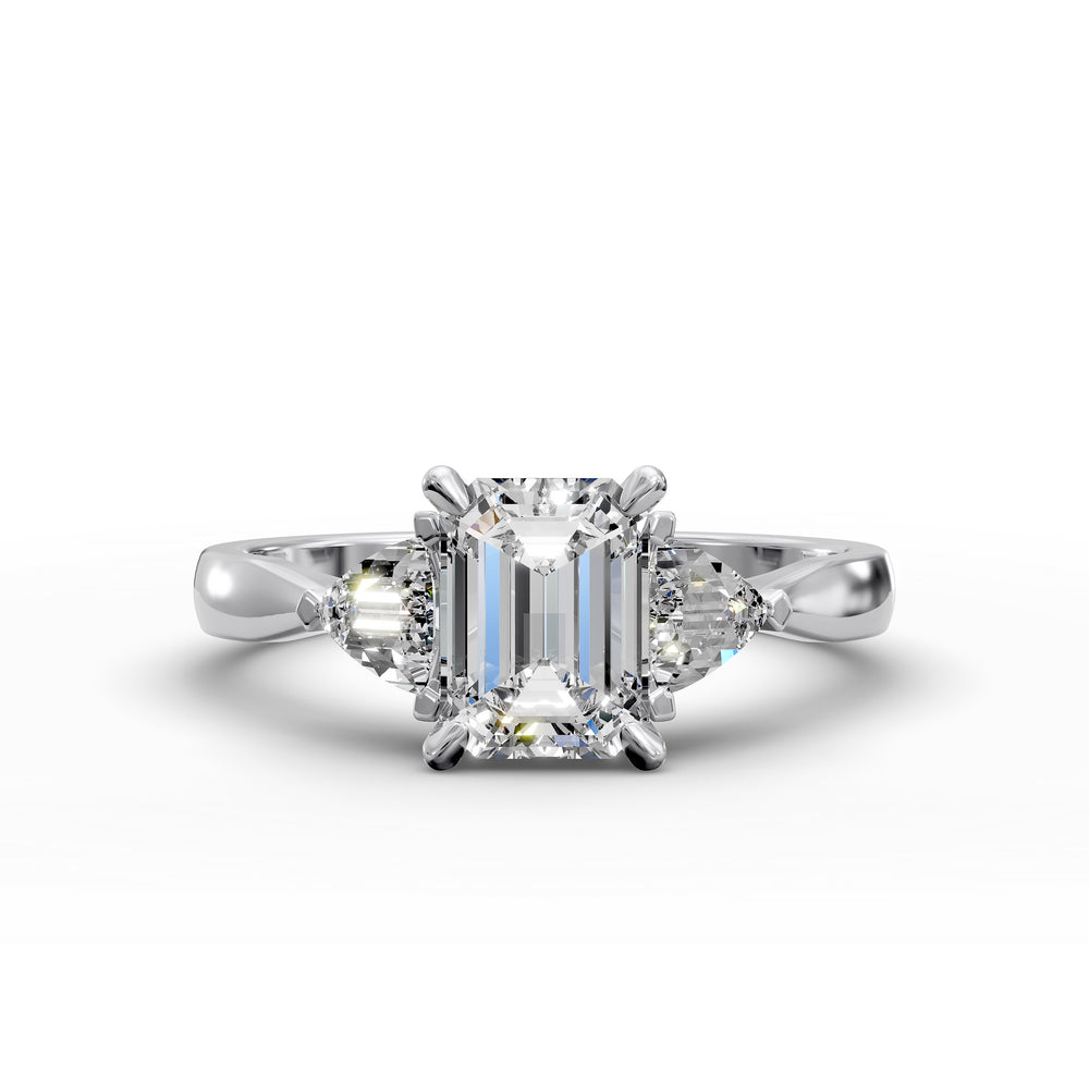 emerald-cut three-stone engagement ring with trapezoid side diamonds and tapered band shown from multiple angles