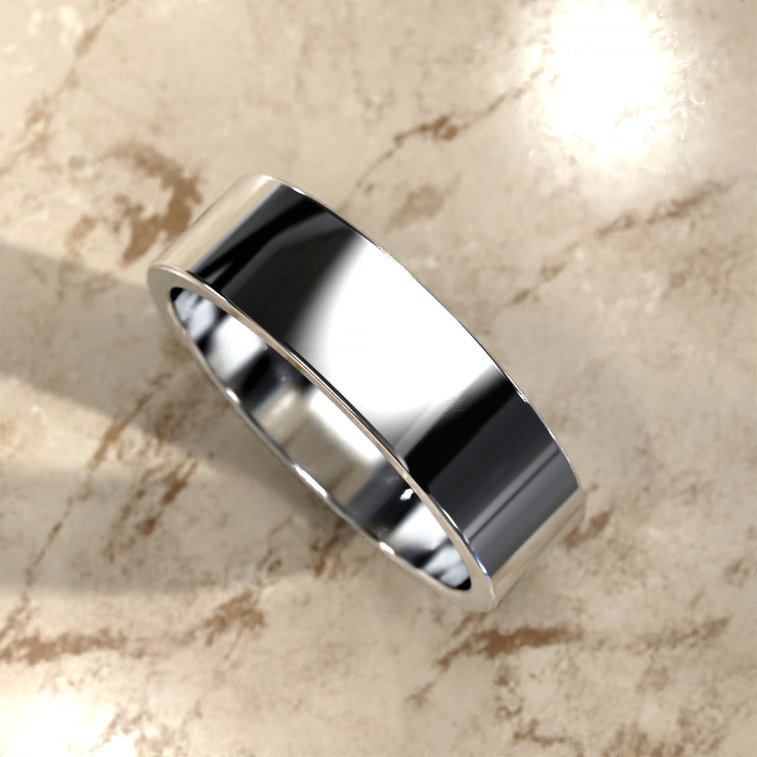 flat men’s comfort-fit wedding band with polished modern profile