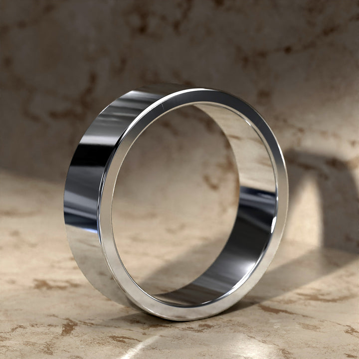 flat men’s comfort-fit wedding band with polished modern profile